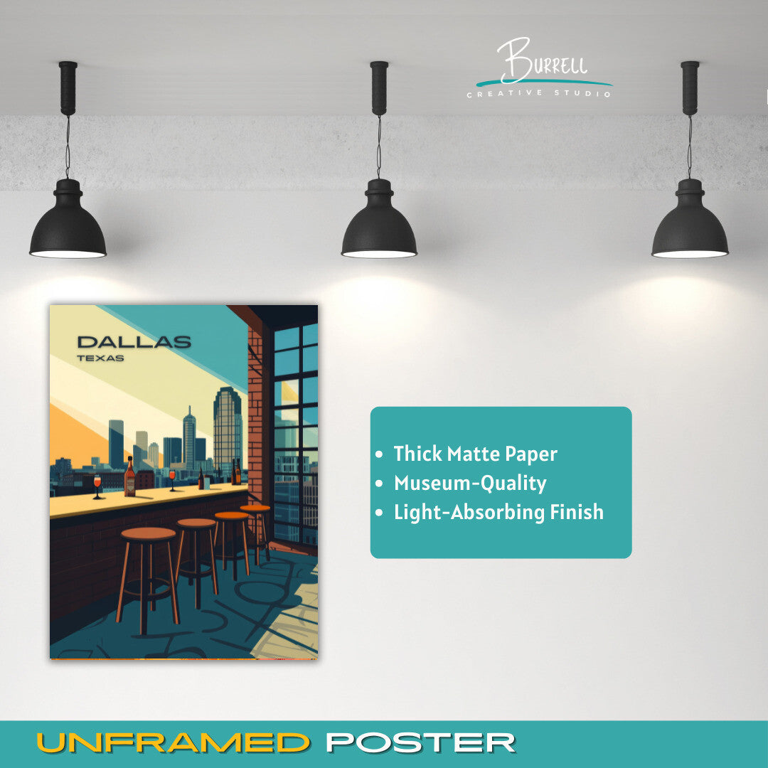 Dallas Texas Rooftop Bar Travel Poster & Wall Art Poster Print