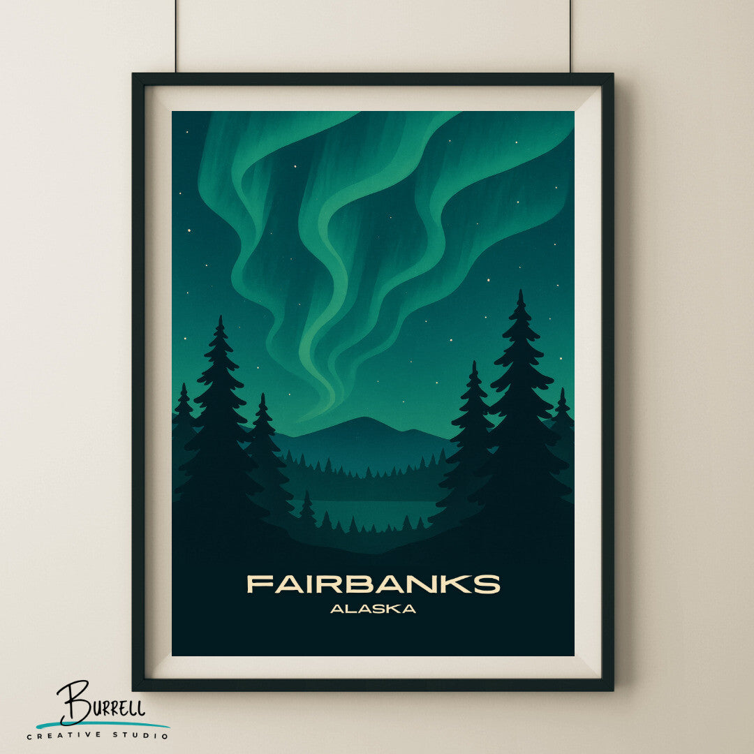 Fairbanks Alaska Winter Northern Lights Travel Poster & Wall Art Poster Print
