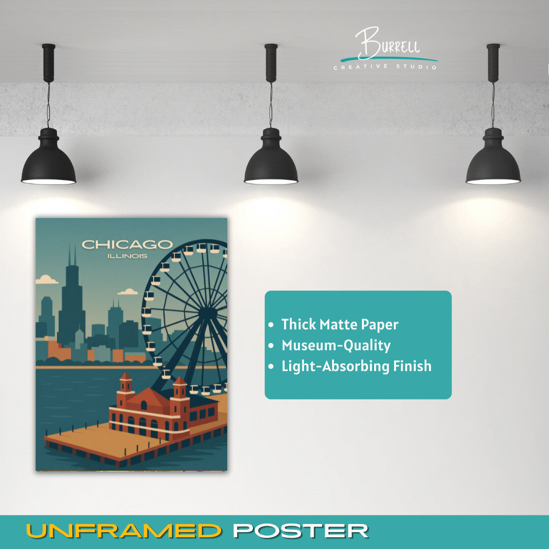 Chicago Illinois Navy Pier Aerial View Travel Poster & Wall Art Poster Print