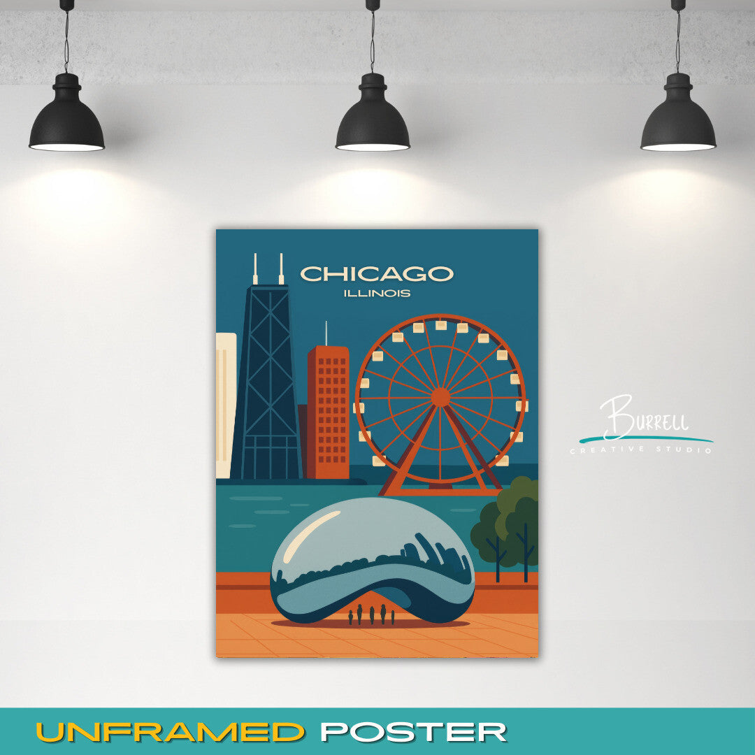 Chicago Illinois Unique Attractions Travel Poster & Wall Art Poster Print