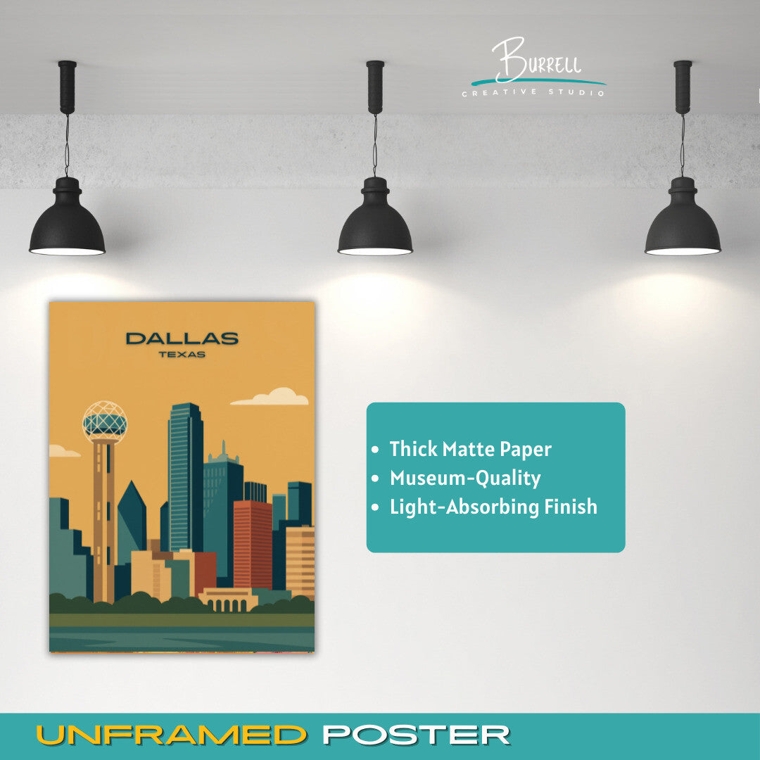 Dallas Texas Skyline Travel Poster & Wall Art Poster Print