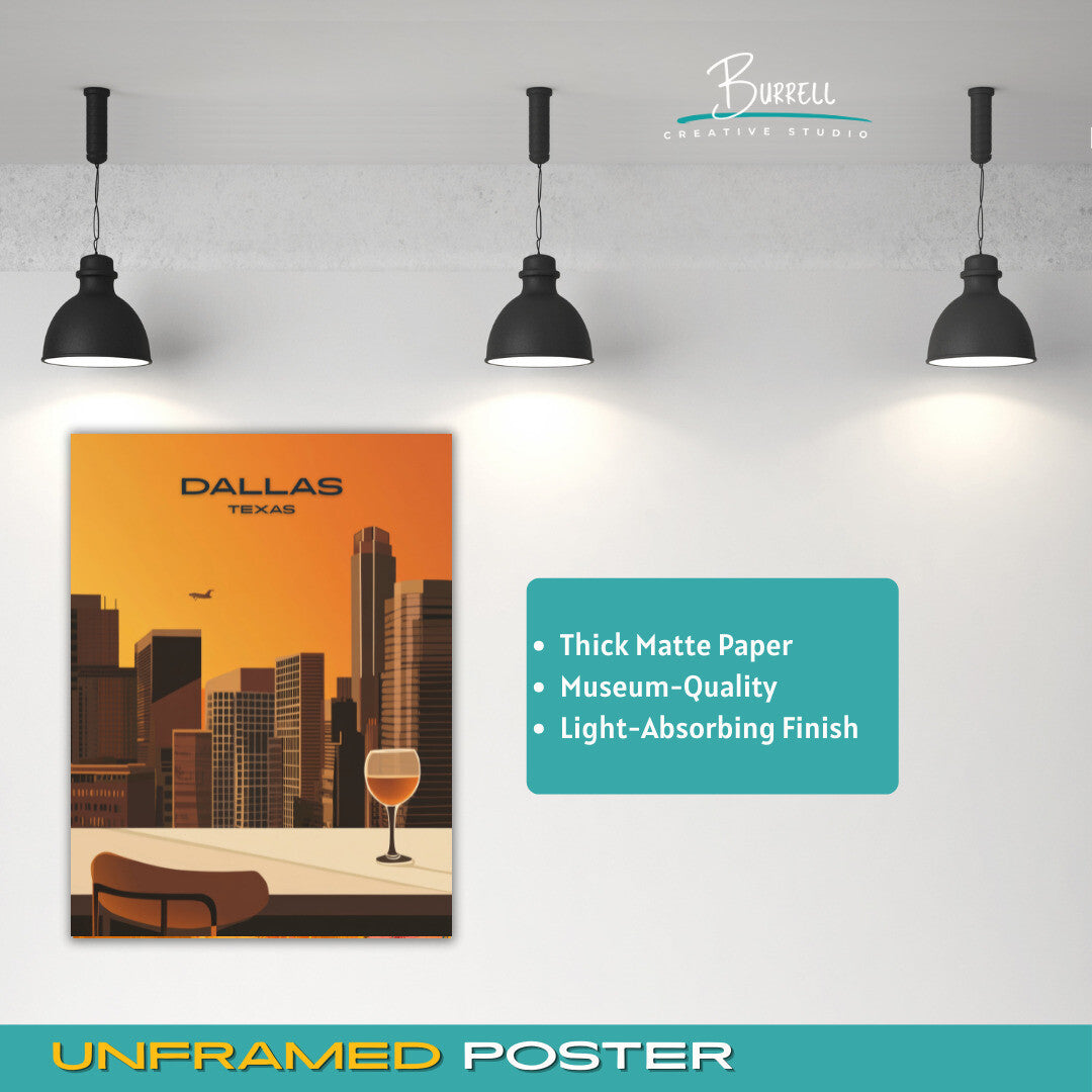 Dallas Texas Scenic Skyline Travel Poster & Wall Art Poster Print