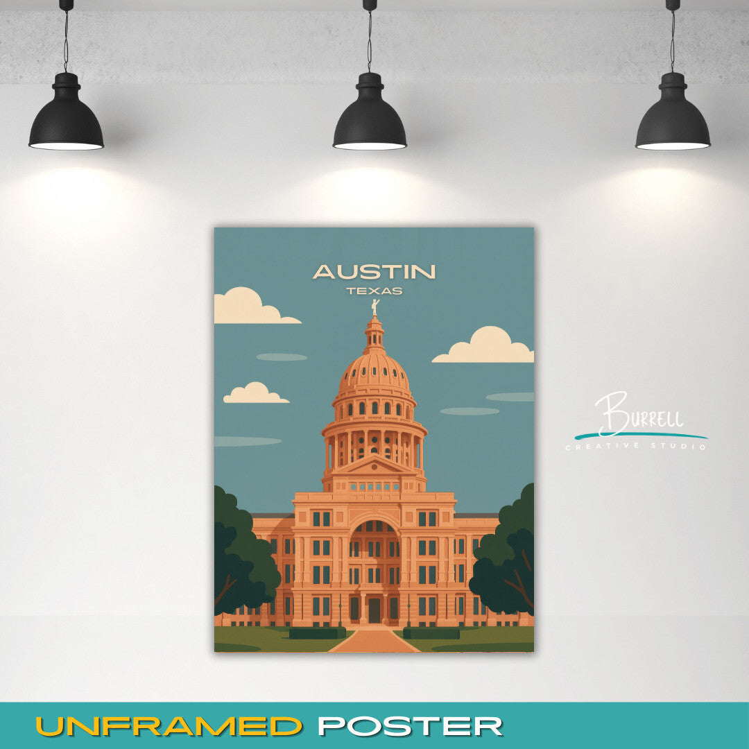 Austin Texas State Capitol Building Travel Poster & Wall Art Poster Print