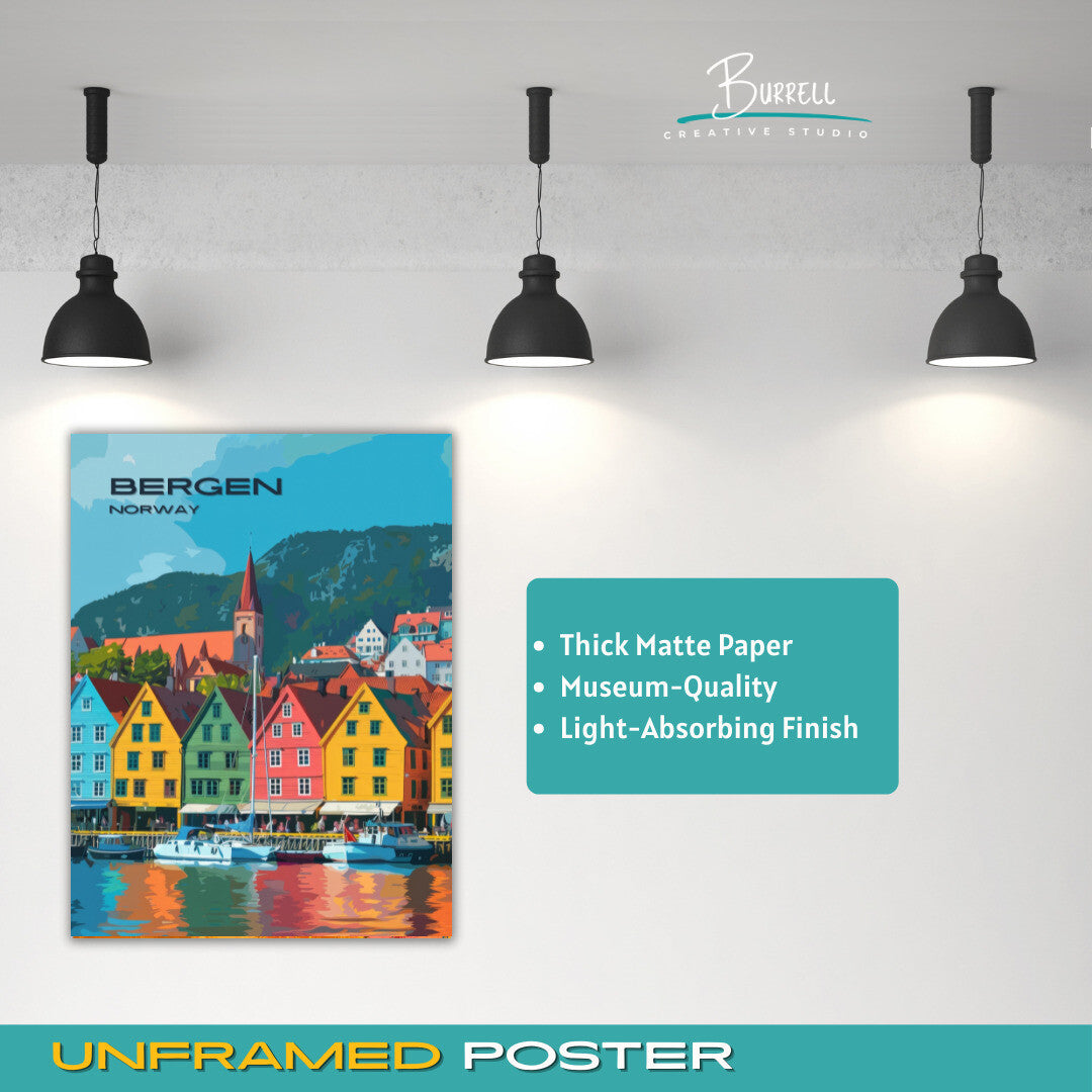 Bergen Norway Coastal View Travel Poster & Wall Art Poster Print