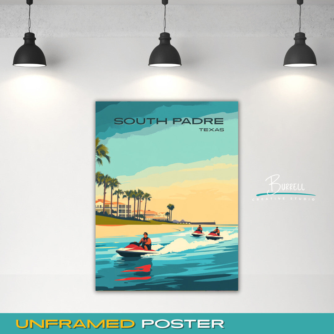 South Padre Texas Tourist Jet Skiing Travel Poster & Wall Art Poster Print