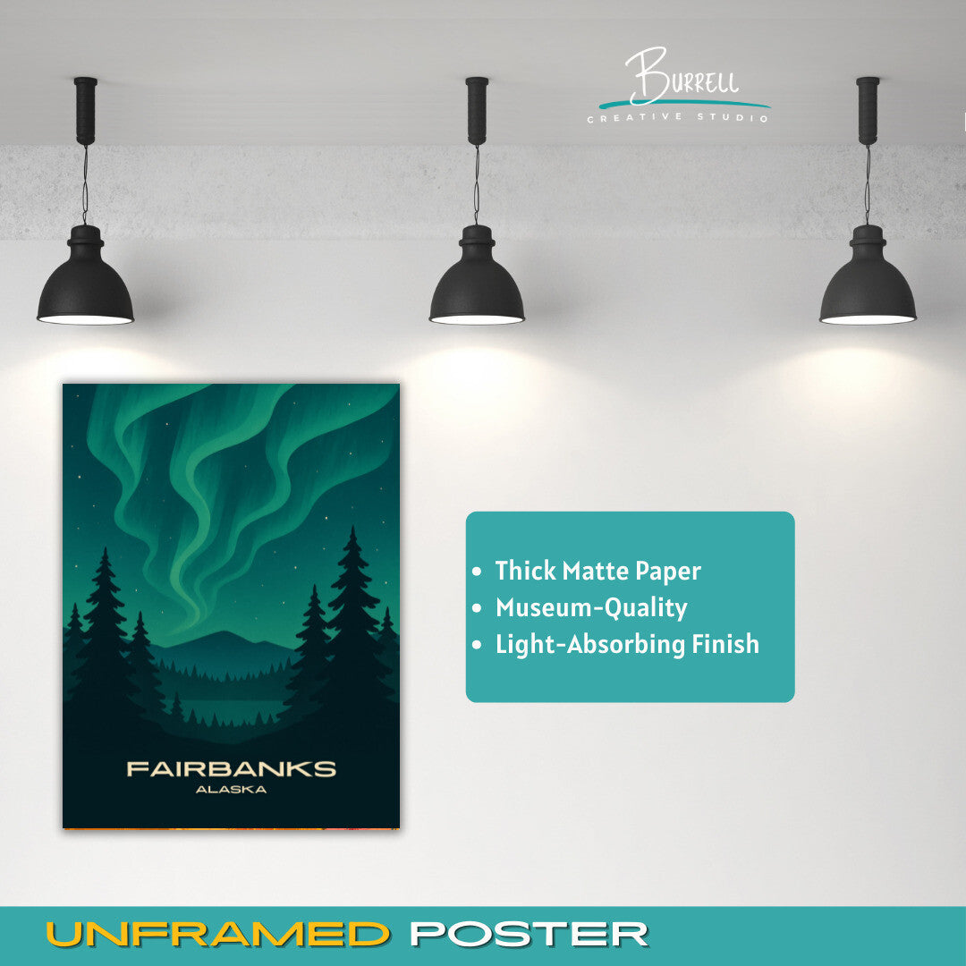 Fairbanks Alaska Winter Northern Lights Travel Poster & Wall Art Poster Print