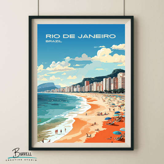 Rio Brazil Copacabana Beach Travel Poster & Wall Art Poster Print