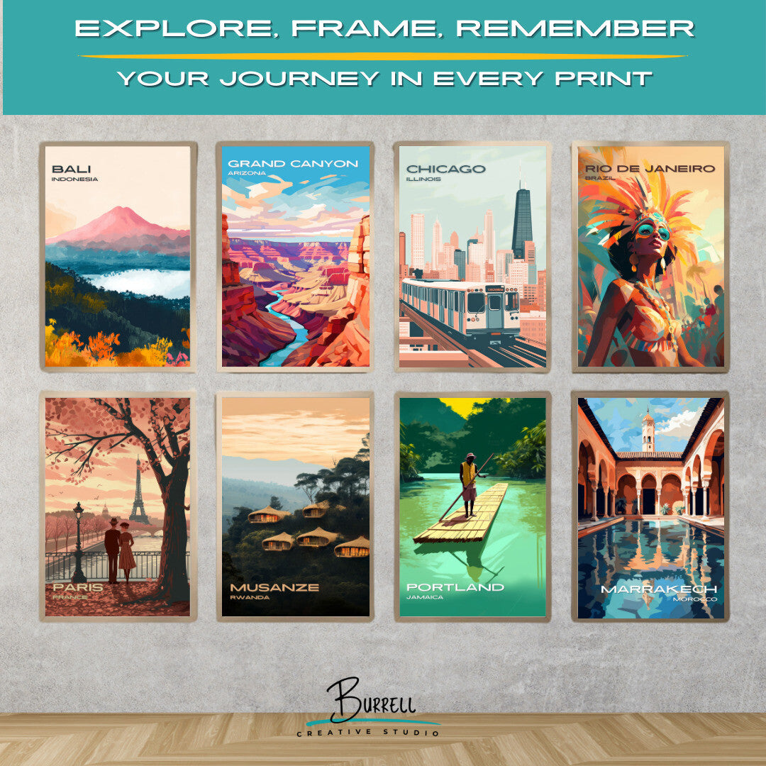 Chicago Illinois Train Skyline Travel Poster & Wall Art Poster Print