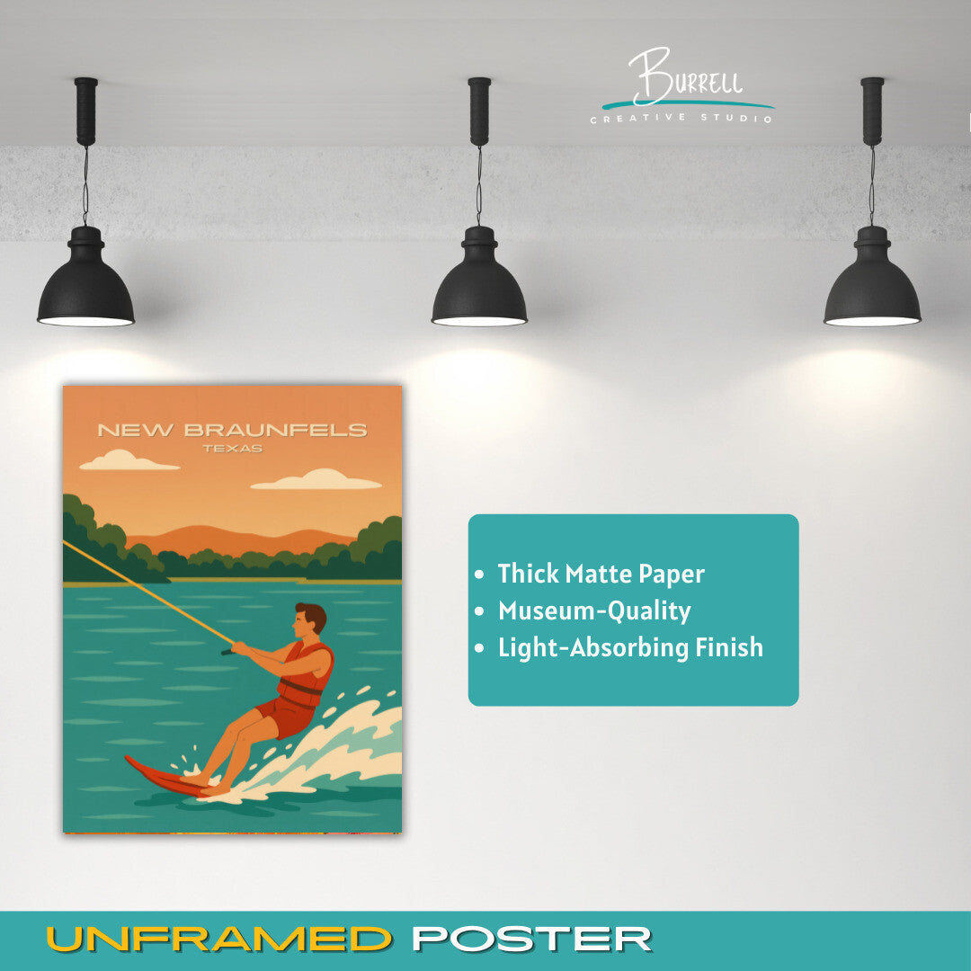 New Braunfels Texas Water Skiing Travel Poster & Wall Art Poster Print