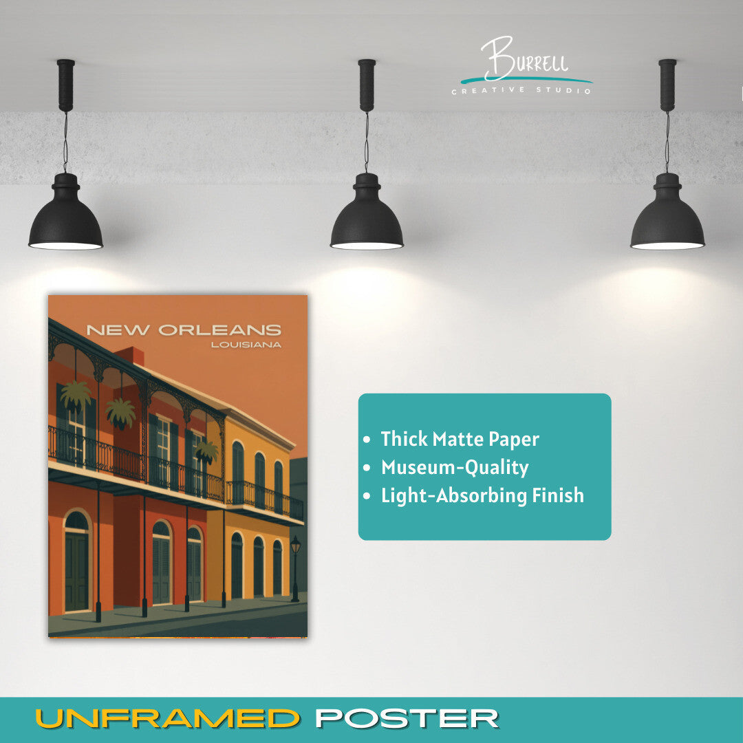 New Orleans Louisiana Vintage French Quarters Travel Poster & Wall Art Poster Print