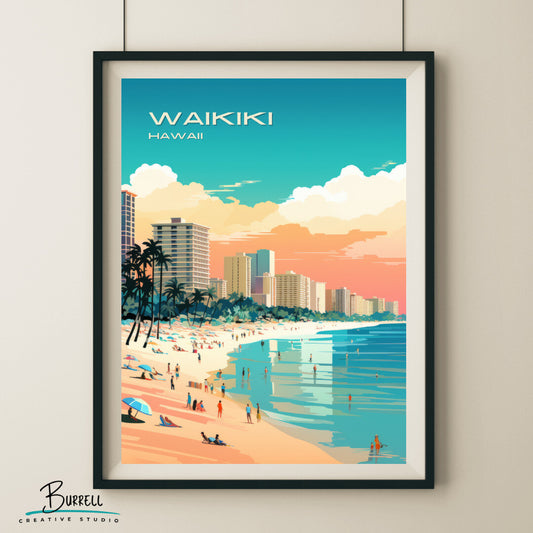 Waikiki Hawaii Beach View Travel Poster & Wall Art Poster Print