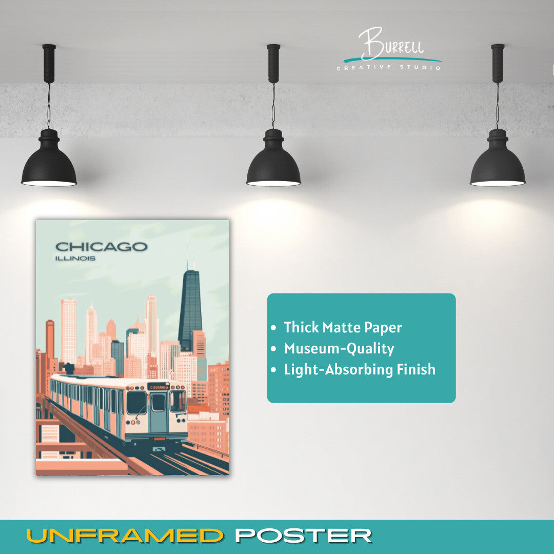 Chicago Illinois Train Skyline Travel Poster & Wall Art Poster Print