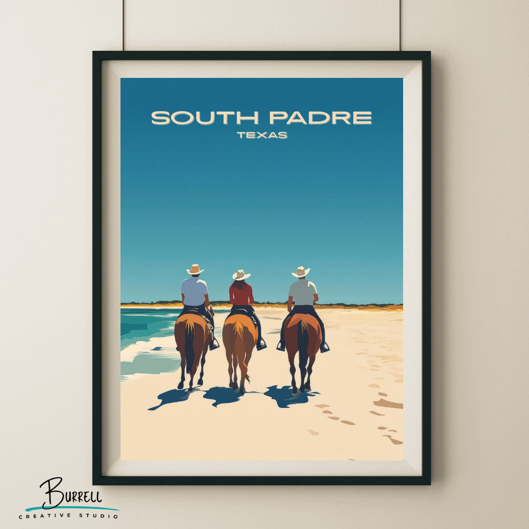 South Padre Texas Horseback Riding Travel Poster & Wall Art Poster Print