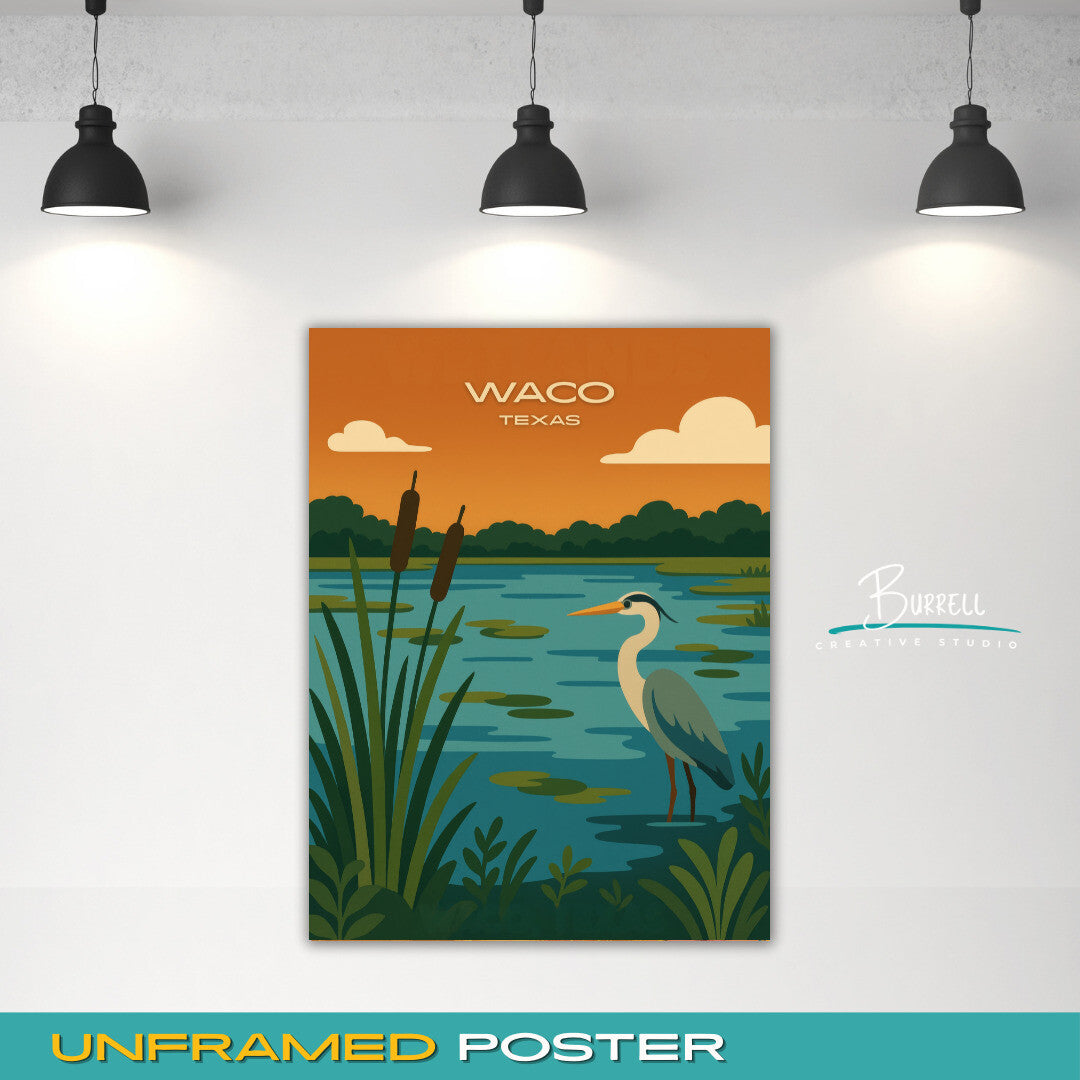 Waco Texas Lake Wetlands Travel Poster & Wall Art Poster Print