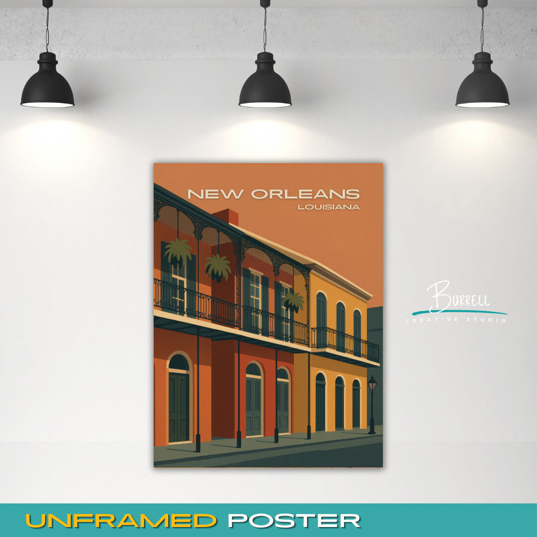 New Orleans Louisiana Vintage French Quarters Travel Poster & Wall Art Poster Print