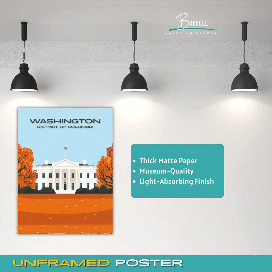 Washington District Of Columbia White House Autumn View Travel Poster & Wall Art Poster Print