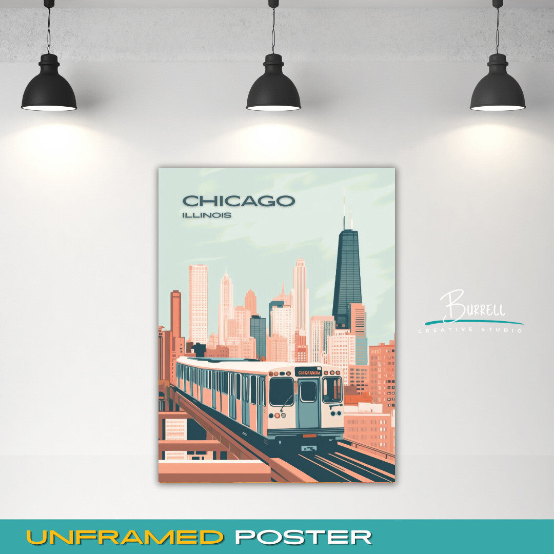 Chicago Illinois Train Skyline Travel Poster & Wall Art Poster Print