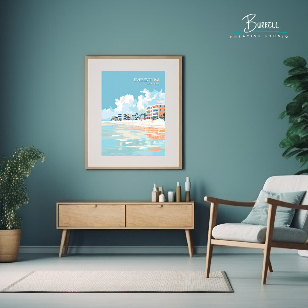 Destin Florida Crystal Sands Beach Travel Poster & Wall Art Poster Print