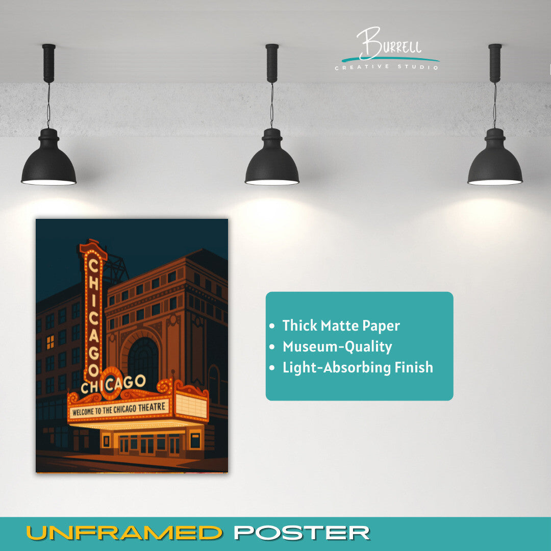 Chicago Illinois Theater Lights Travel Poster & Wall Art Poster Print