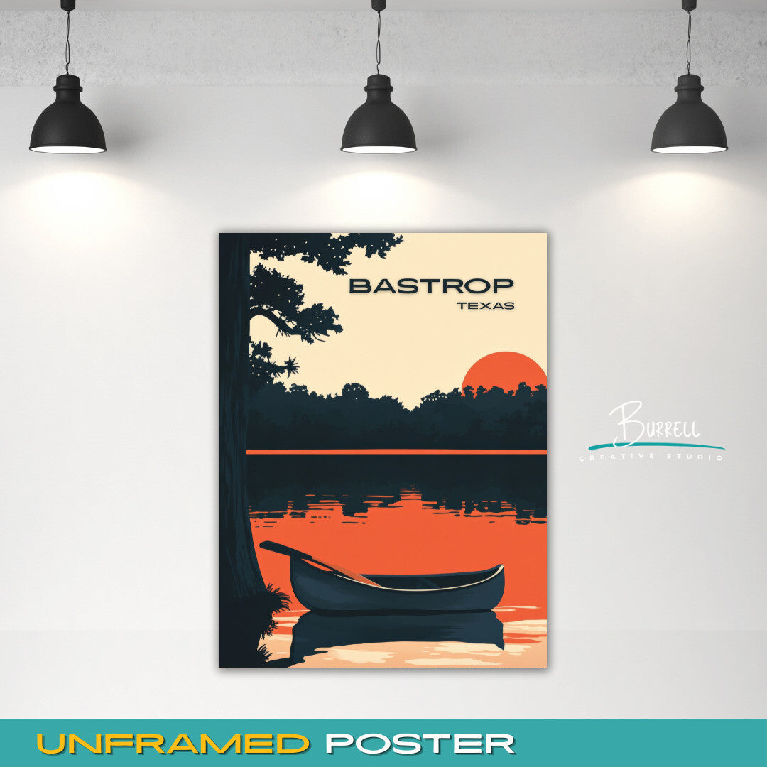 Bastrop Texas Lake Sunset Travel Poster & Wall Art Poster Print