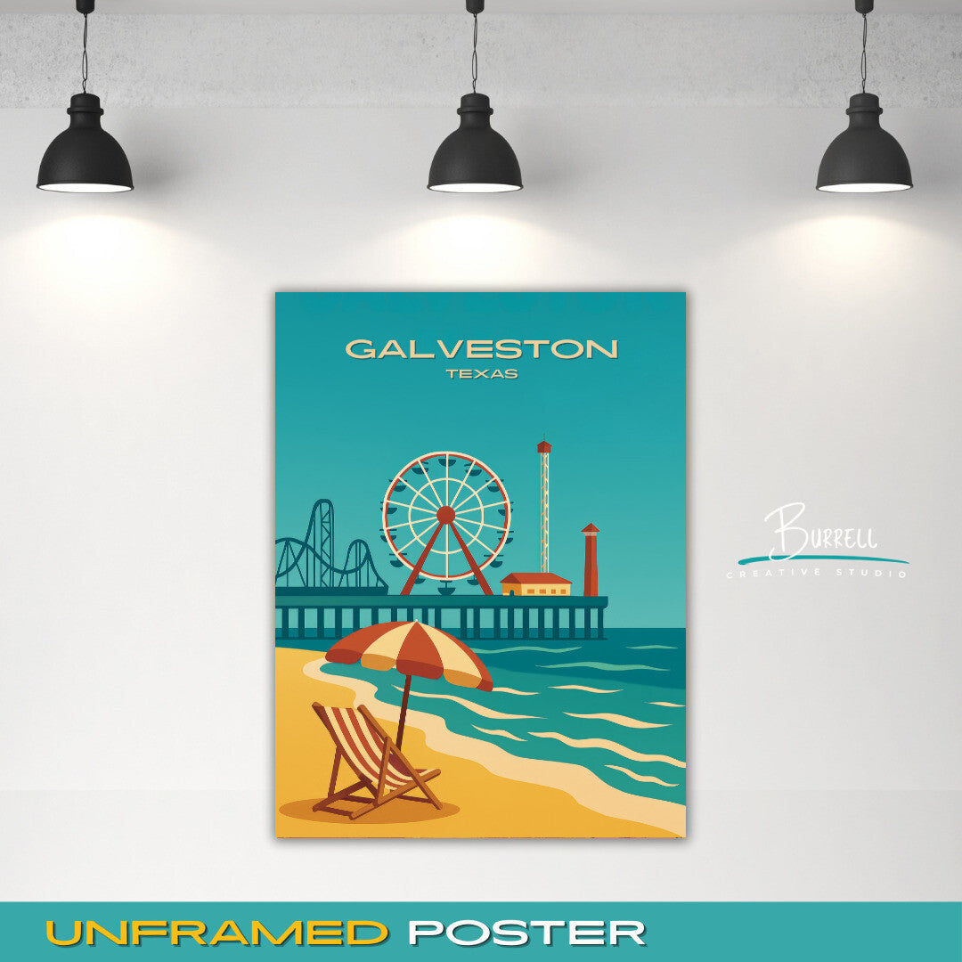 Galveston Texas Pier Beach View Travel Poster & Wall Art Poster Print