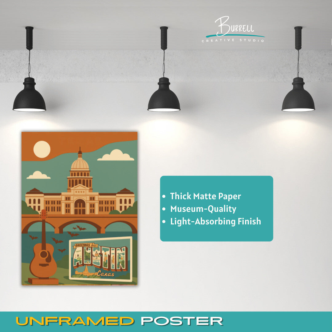 Austin Texas Iconic Landmarks Travel Poster & Wall Art Poster Print
