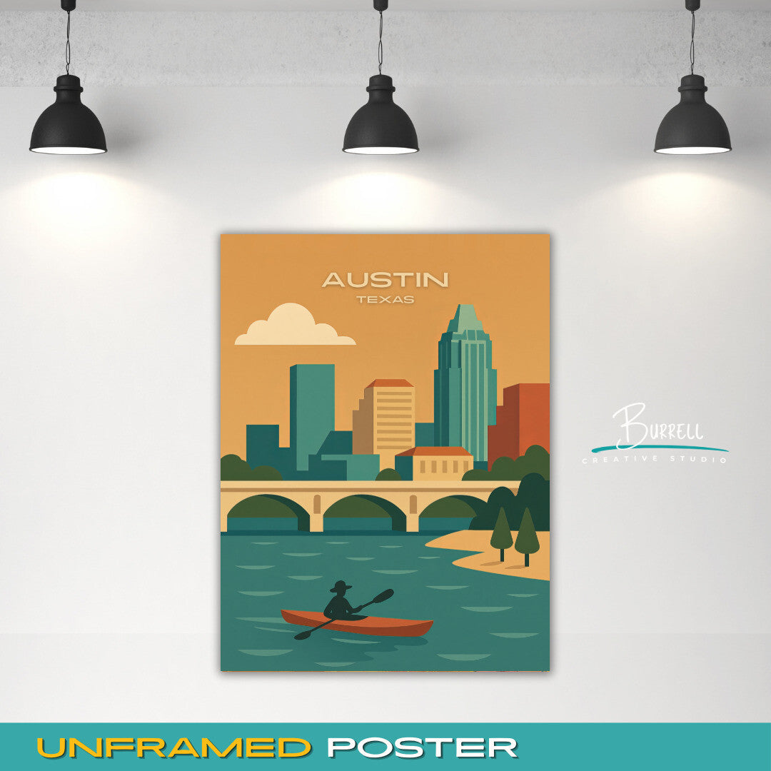 Austin Texas Skyline View Travel Poster & Wall Art Poster Print