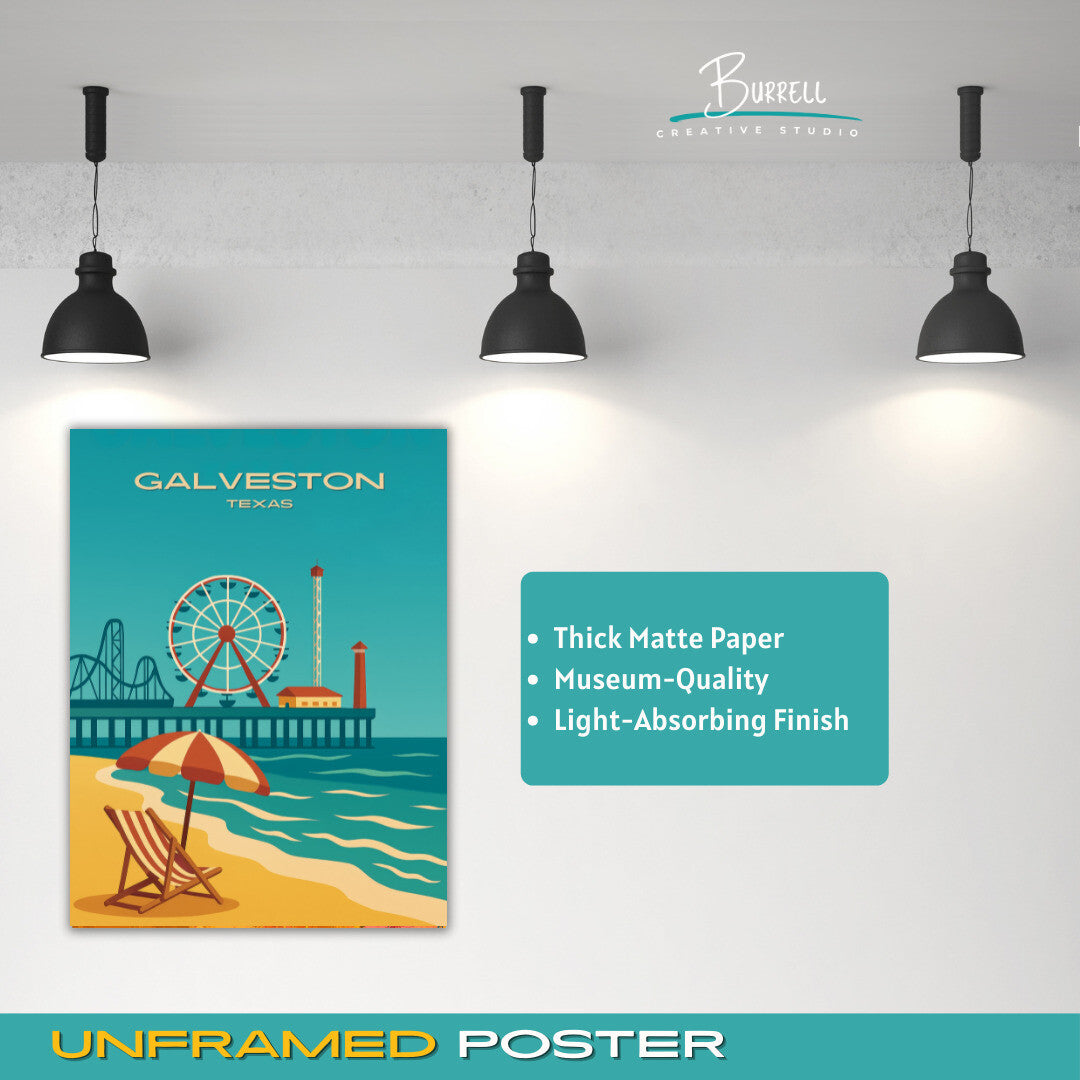 Galveston Texas Pier Beach View Travel Poster & Wall Art Poster Print