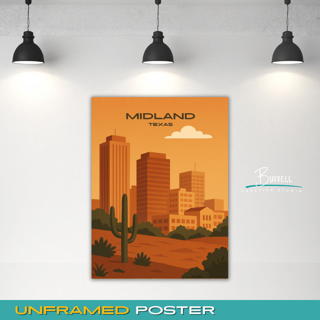 Midland Texas Skyline Travel Poster & Wall Art Poster Print
