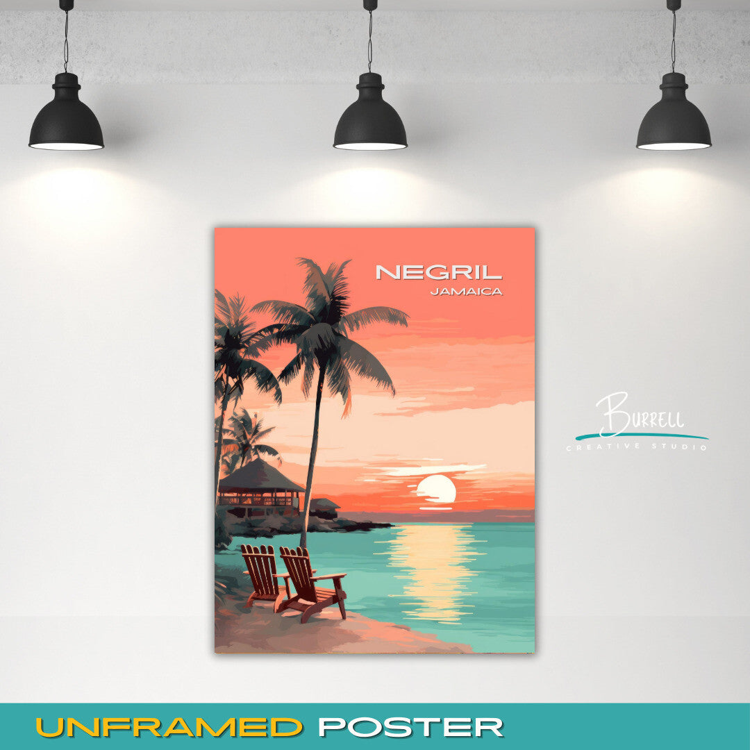 Negril Jamaica Beach Sunset Travel Poster & Wall Art Poster Print