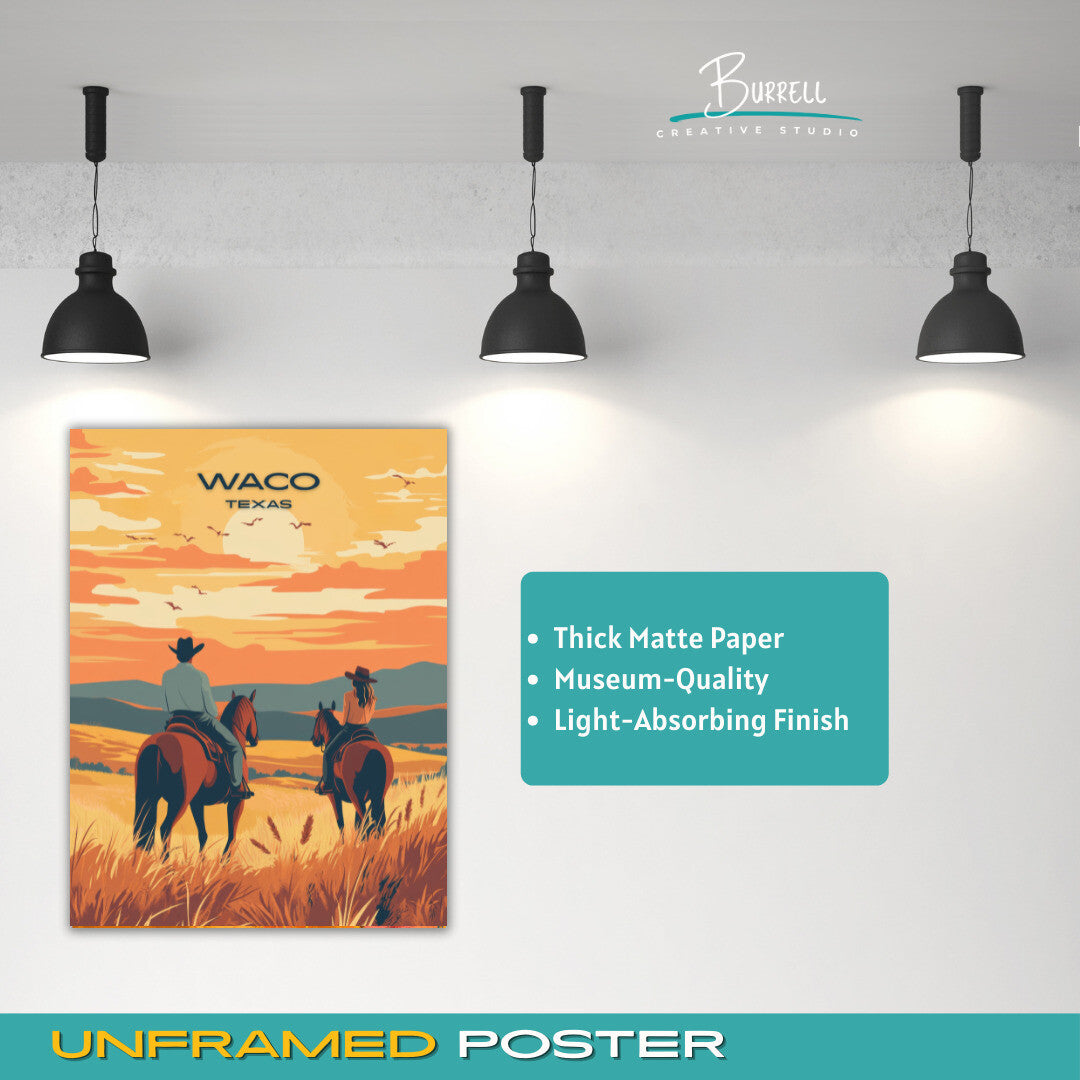 Waco Texas Sunset Horseback Riding Travel Poster & Wall Art Poster Print