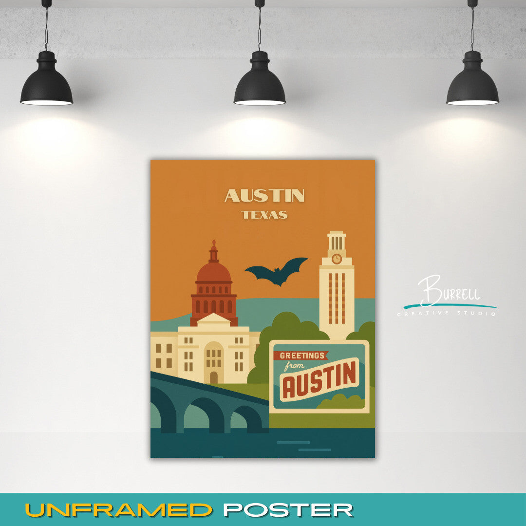Austin Texas Unique Attractions Travel Poster & Wall Art Poster Print