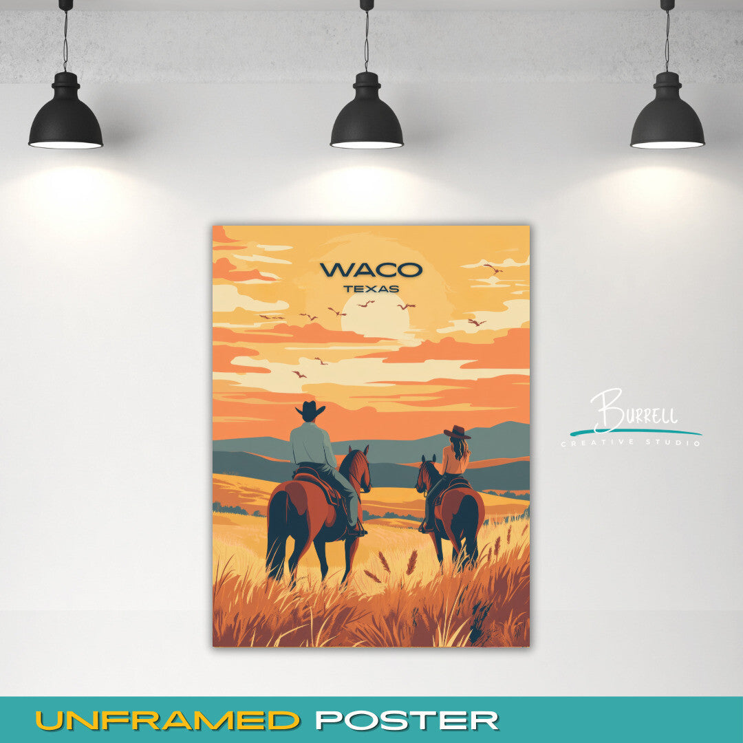Waco Texas Sunset Horseback Riding Travel Poster & Wall Art Poster Print