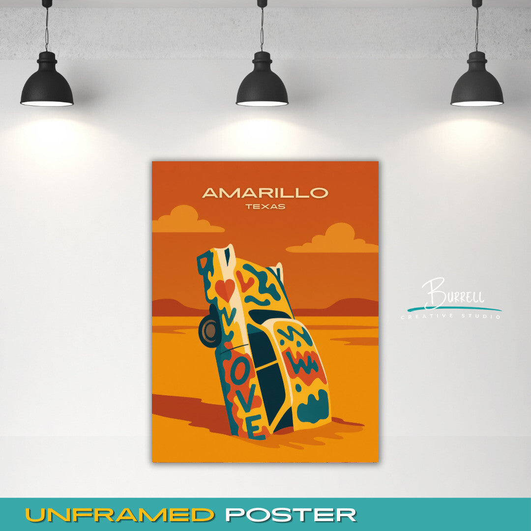 Amarillo Texas Cadillac Roadside Attraction Travel Poster & Wall Art Poster Print