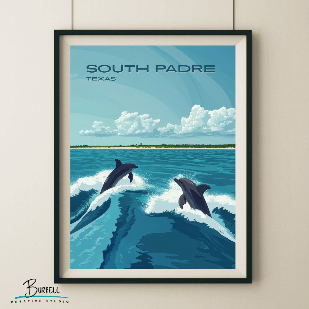 South Padre Texas Dolphin Watching Travel Poster & Wall Art Poster Print