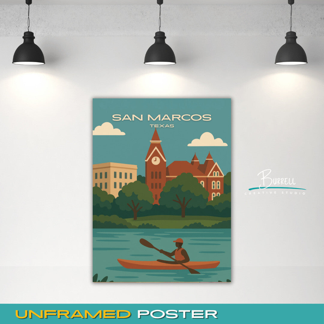San Marcos Texas Kayaking Travel Poster & Wall Art Poster Print
