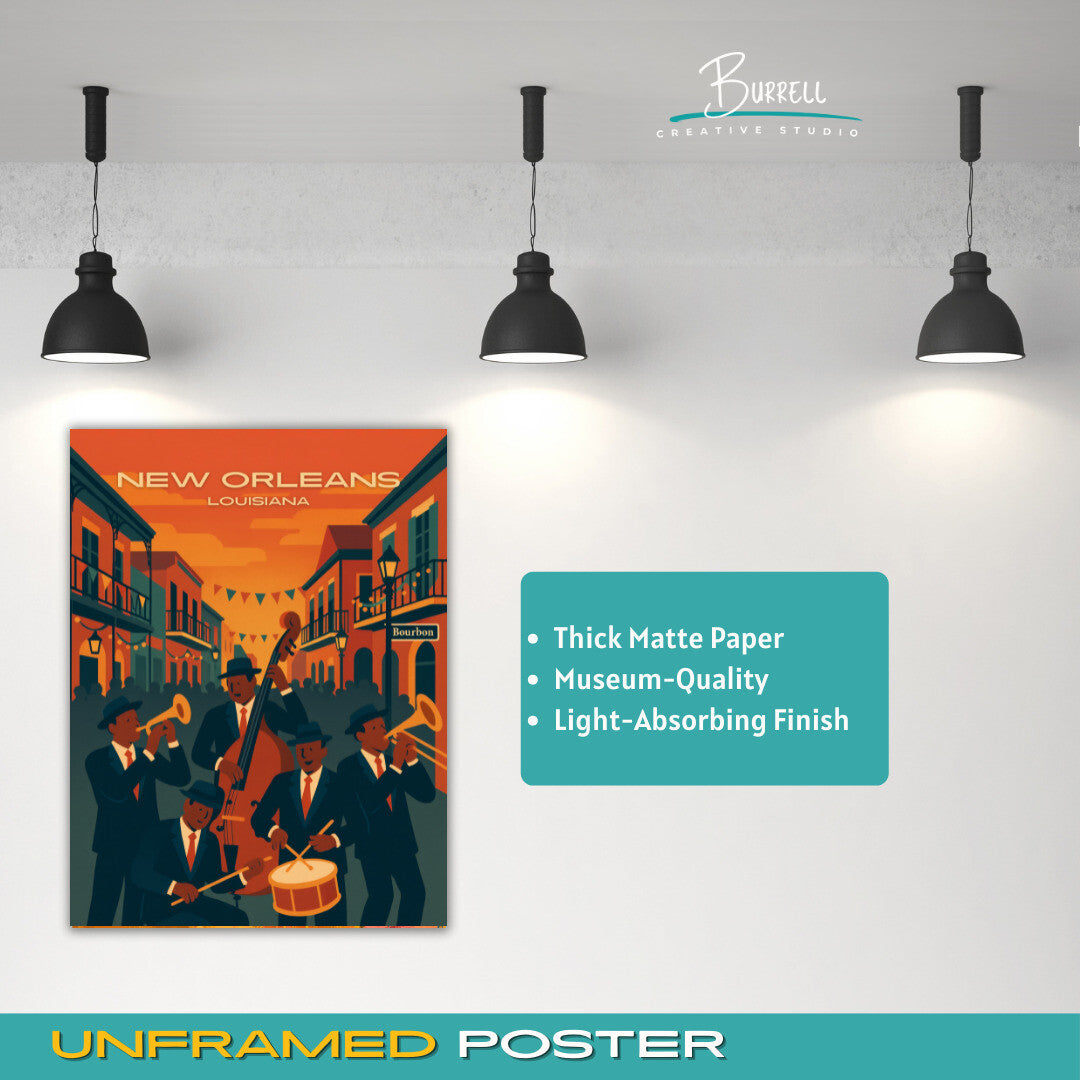 New Orleans Louisiana Bourbon Street Jazz Travel Poster & Wall Art Poster Print