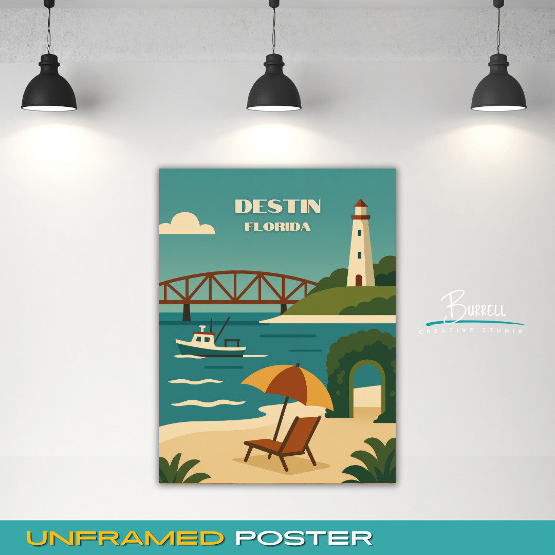 Destin Florida Iconic Landmarks Travel Poster & Wall Art Poster Print