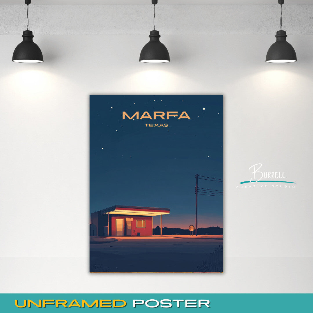 Marfa Texas Small Town Charm Travel Poster & Wall Art Poster Print