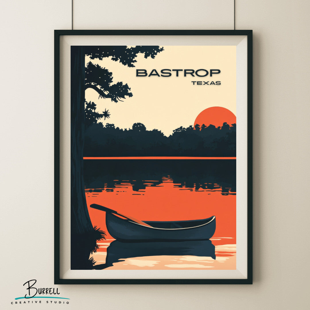 Bastrop Texas Lake Sunset Travel Poster & Wall Art Poster Print