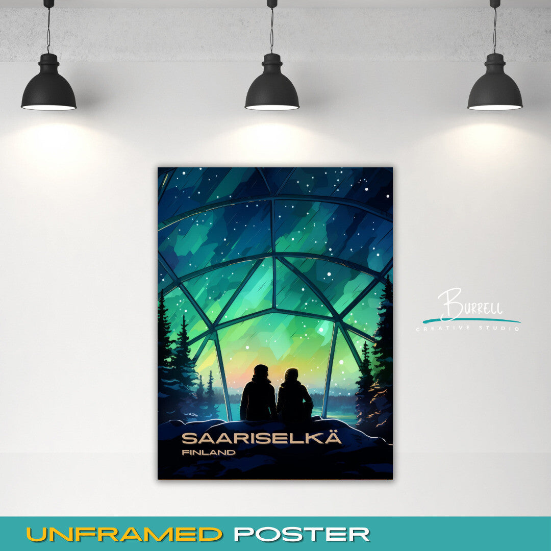 Saariselkä Finland Northern Lights Travel Poster & Wall Art Poster Print