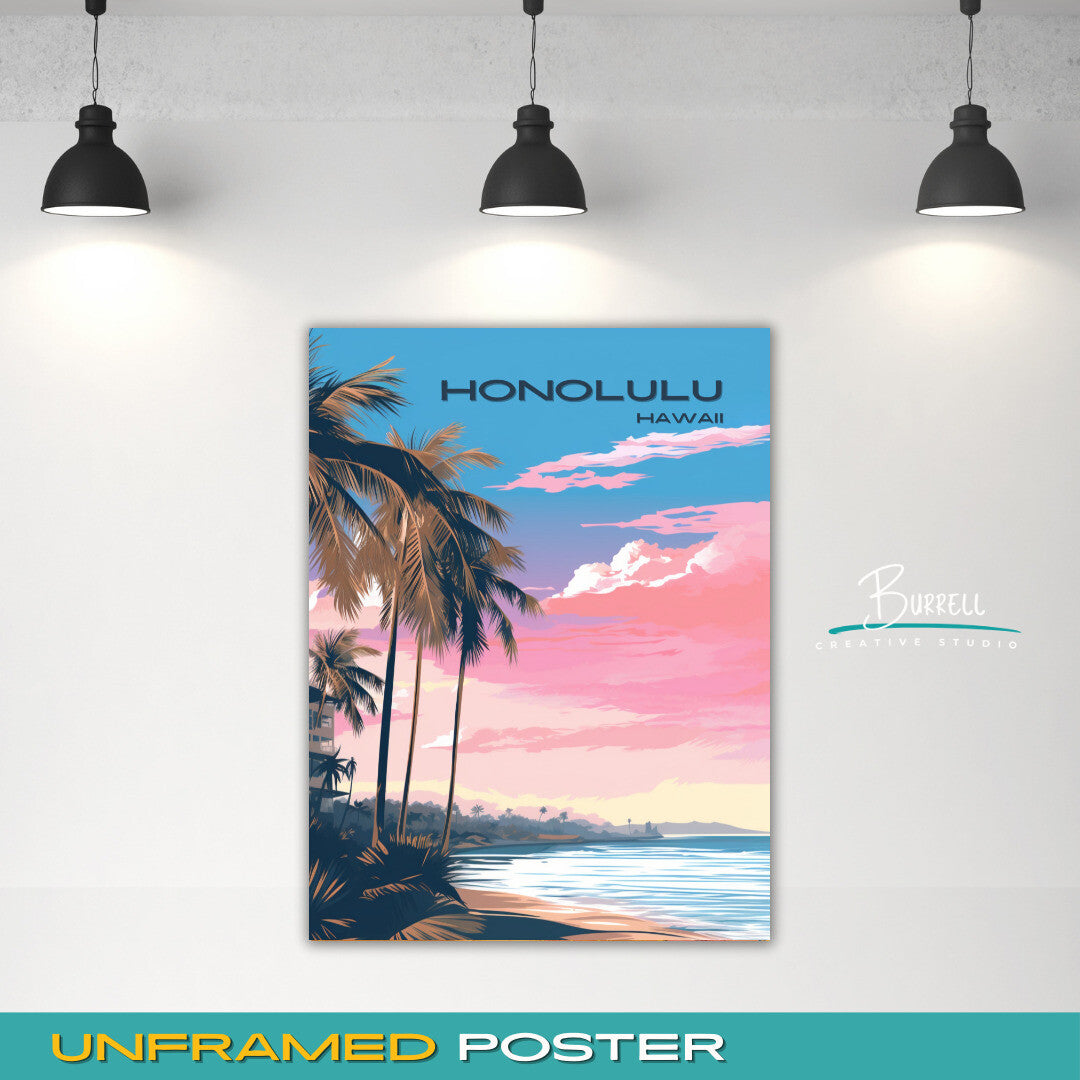 Honolulu Hawaii Beach View Travel Poster & Wall Art Poster Print
