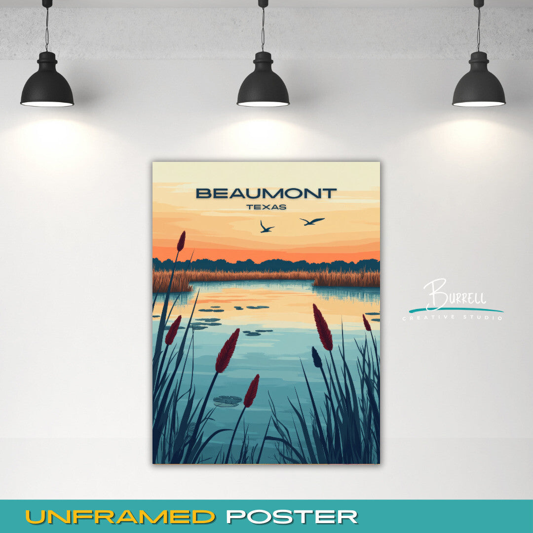 Beaumont Texas Cattail Marsh Sunset Travel Poster & Wall Art Poster Print