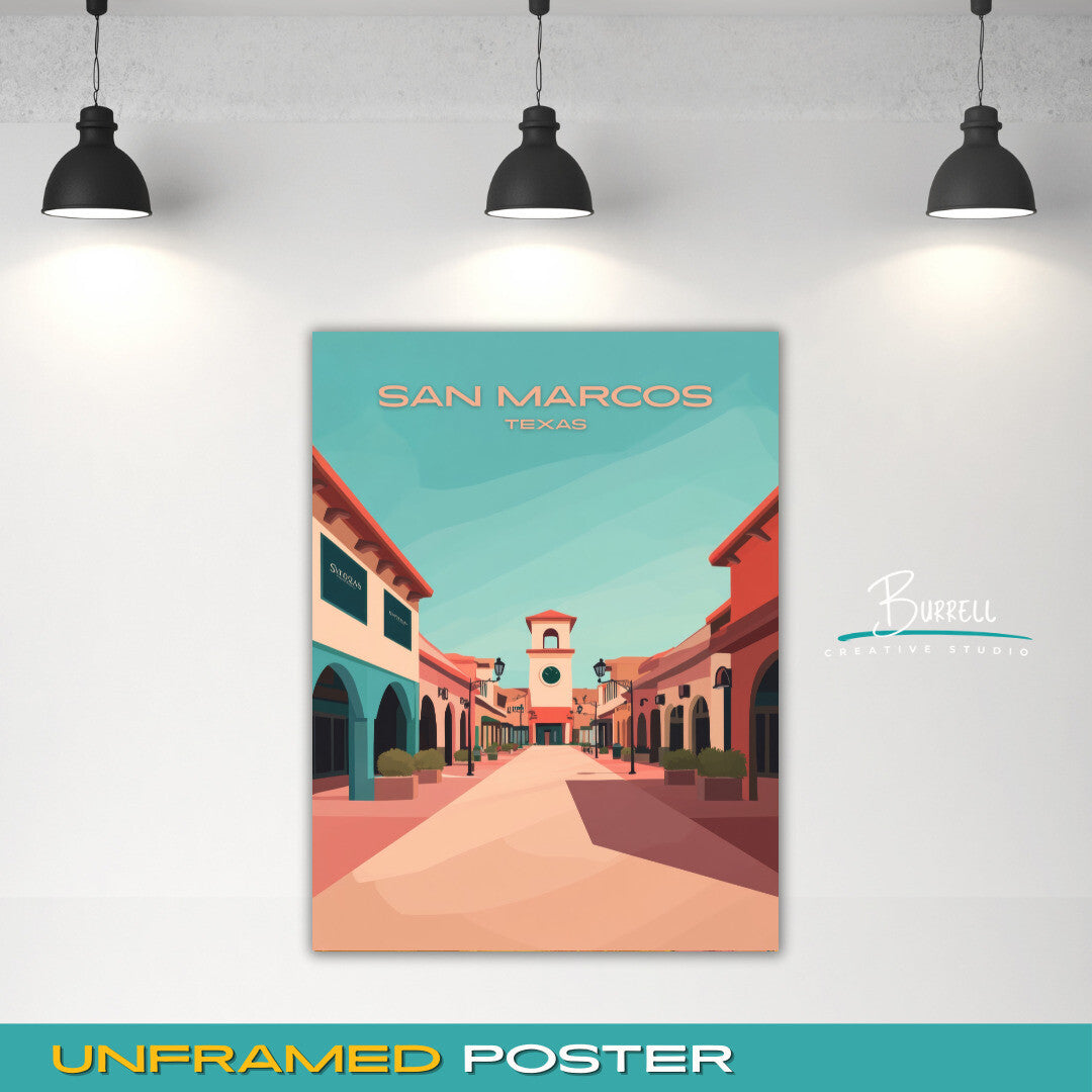 San Marcos Texas Shopping Mall Travel Poster & Wall Art Poster Print