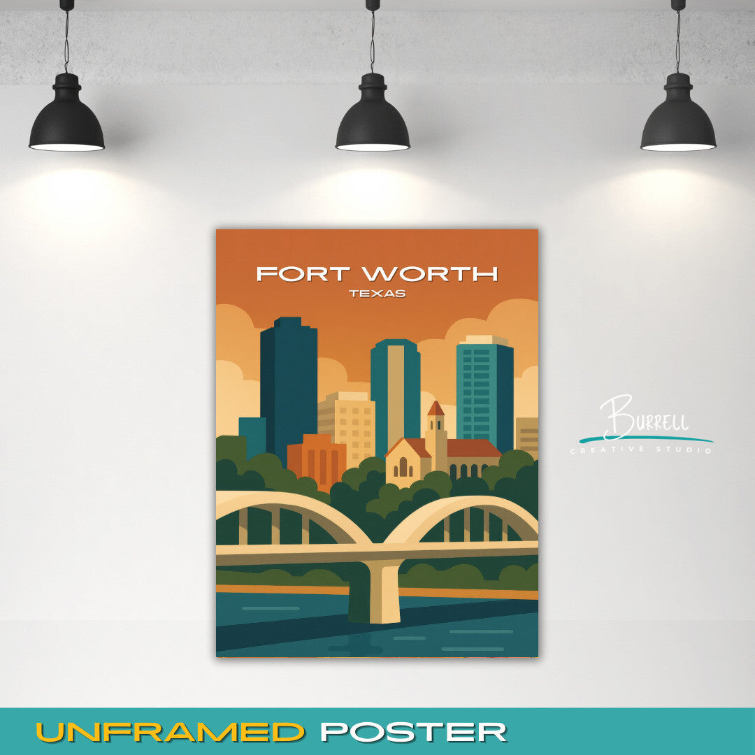Fort Worth Texas Skyline Travel Poster & Wall Art Poster Print