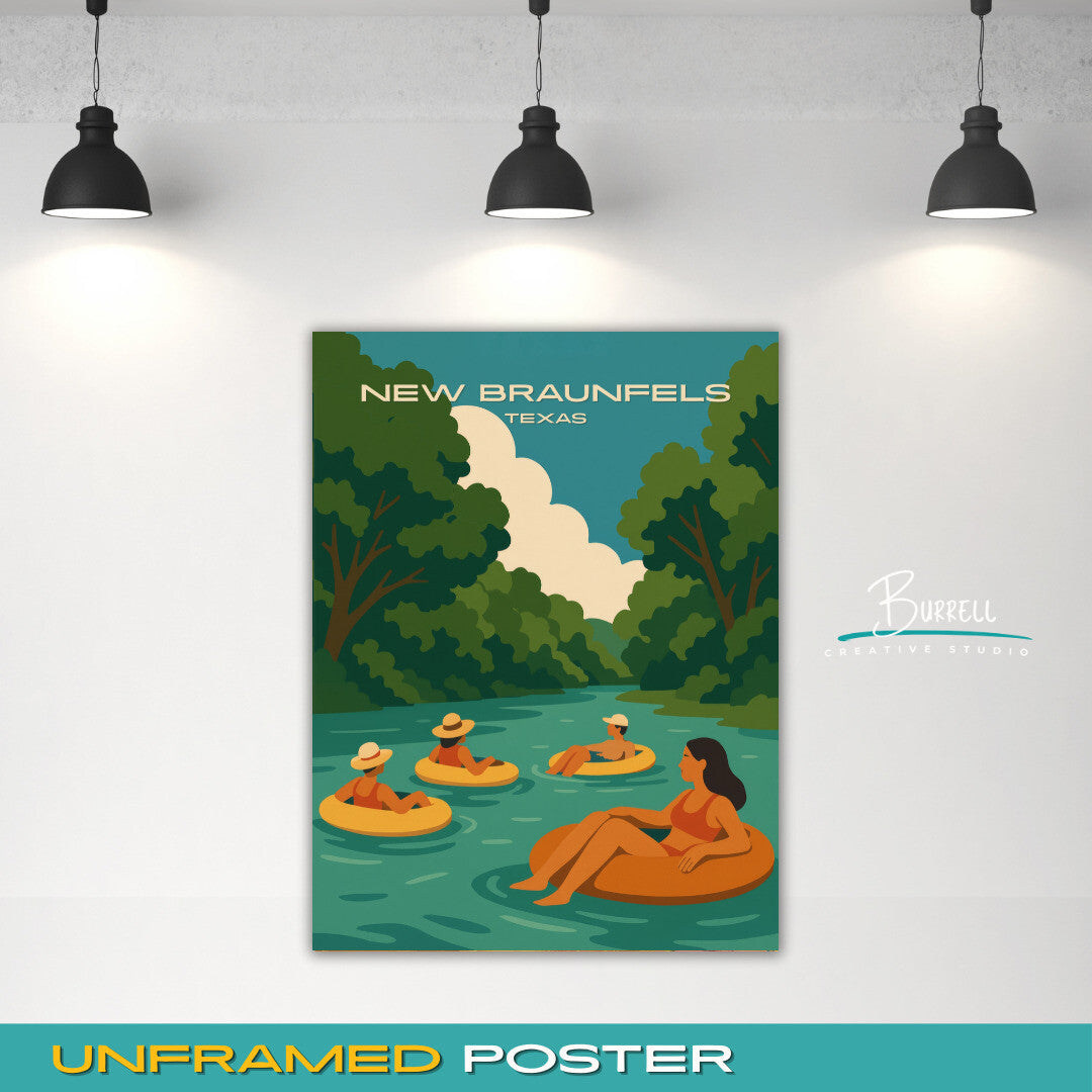 New Braunfels Texas River Tubing Travel Poster & Wall Art Poster Print