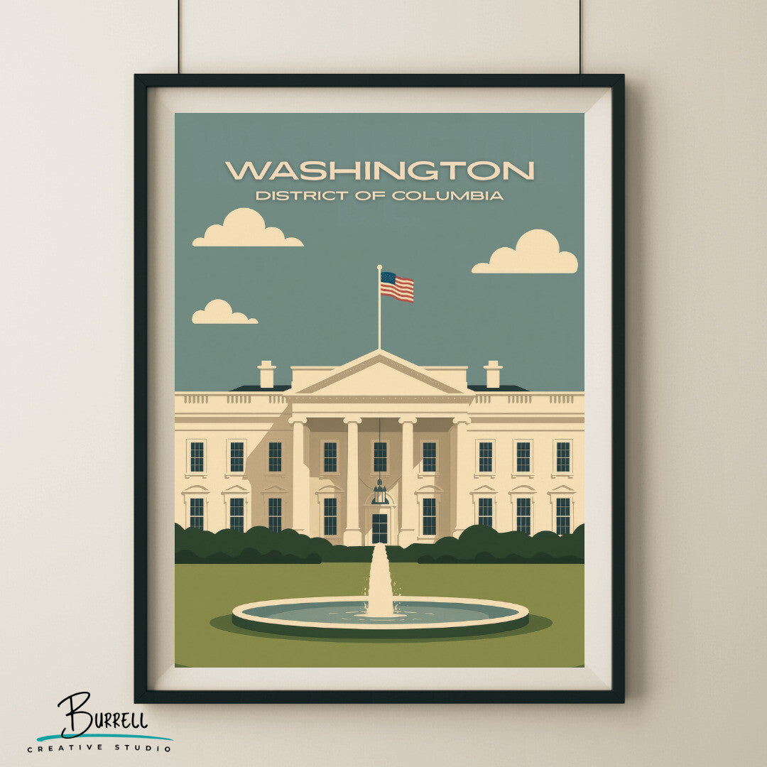 Washington District Of Columbia White House Scenery Travel Poster & Wall Art Poster Print