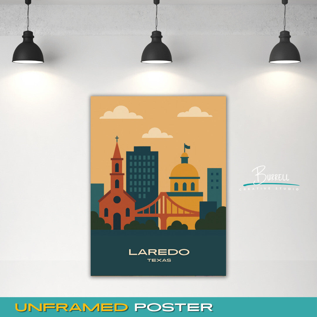 Laredo Texas Skyline Travel Poster & Wall Art Poster Print
