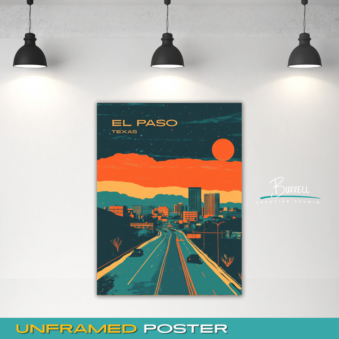 El Paso Texas City Skyline Travel Poster & Wall Art Poster Print