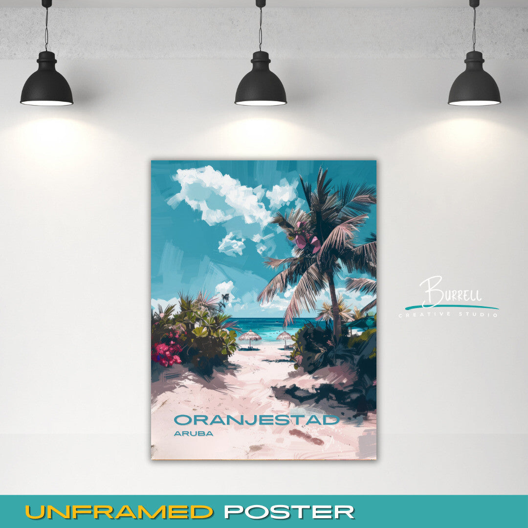 Oranjestad Aruba Beach View Travel Poster & Wall Art Poster Print